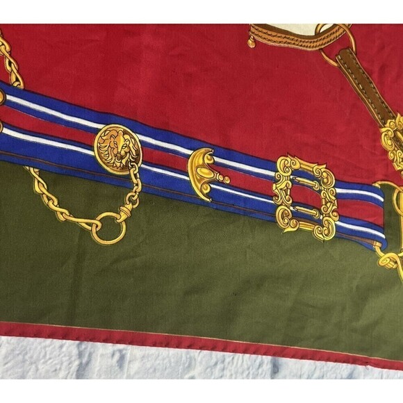 Vintage Triminghams Bermuda 100% Silk Scarf 32” X  34” Equestrian and Lion Gold - Picture 13 of 13